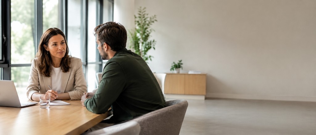 Werkgever en adviseur in gesprek in een rustige vergaderruimte