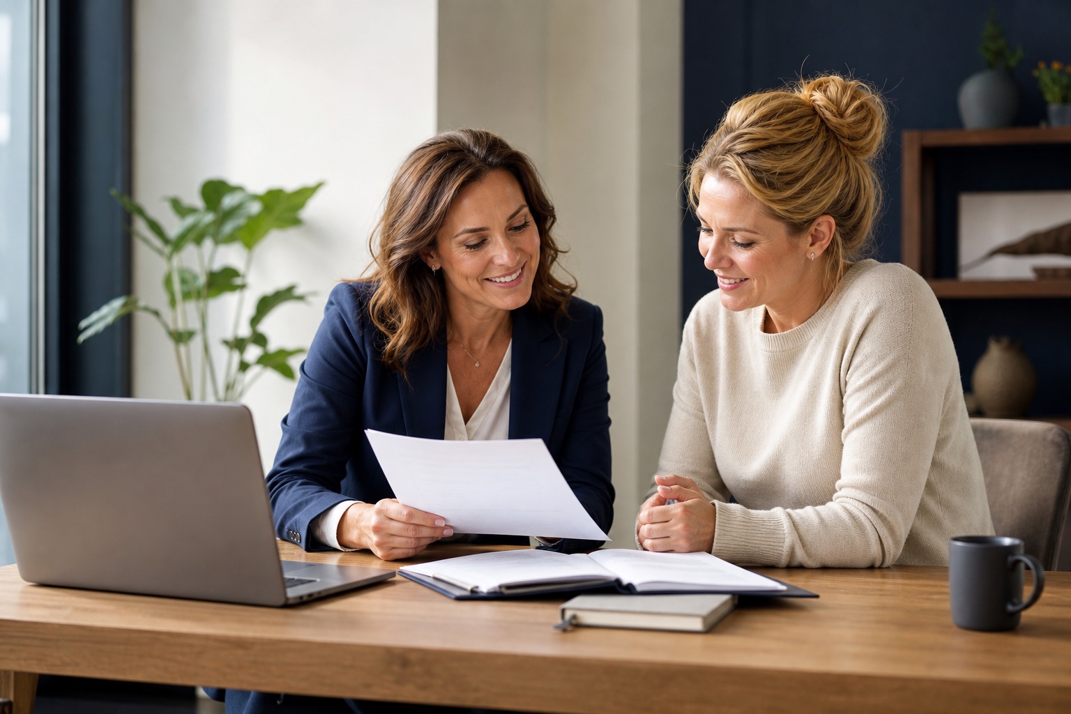 HR-adviseur en ondernemer bespreken pensioen en arbeidsvoorwaarden aan een bureau