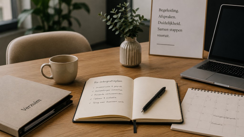 Bureau met een verzuimdossier, re-integratieplan en bord met de tekst: begeleiding, afspraken, duidelijkheid, samen stappen vooruit